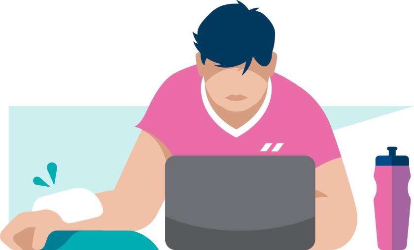 Piirroskuva, jossa henkilö katsoo tietokonetta ja hänellä on kääre ranteen päällä sekä juomapullo pöydällä.