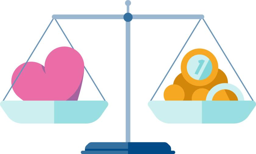 Piirroskuva: vaaka, jossa toisella puolella rahoja, toisella sydän.