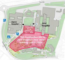 The main entrance (entrance A) to Jorvi Hospital and the ramp leading to the main entrance will be closed starting September 1, 2024.