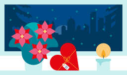 Piirroskuva, jossa joulukukkia, lahja ja kynttilä sekä tumma luminen kaupunkimaisema taustalla.