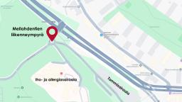 Karttakuva, johon merkitty Meilahdentien liikenneympyrä. Se sijaitsee Paciuksenkadun ja Meilahdentien risteyksen vieressä.