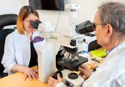 Kaksi tutkijaa katsovat mikroskooppien läpi